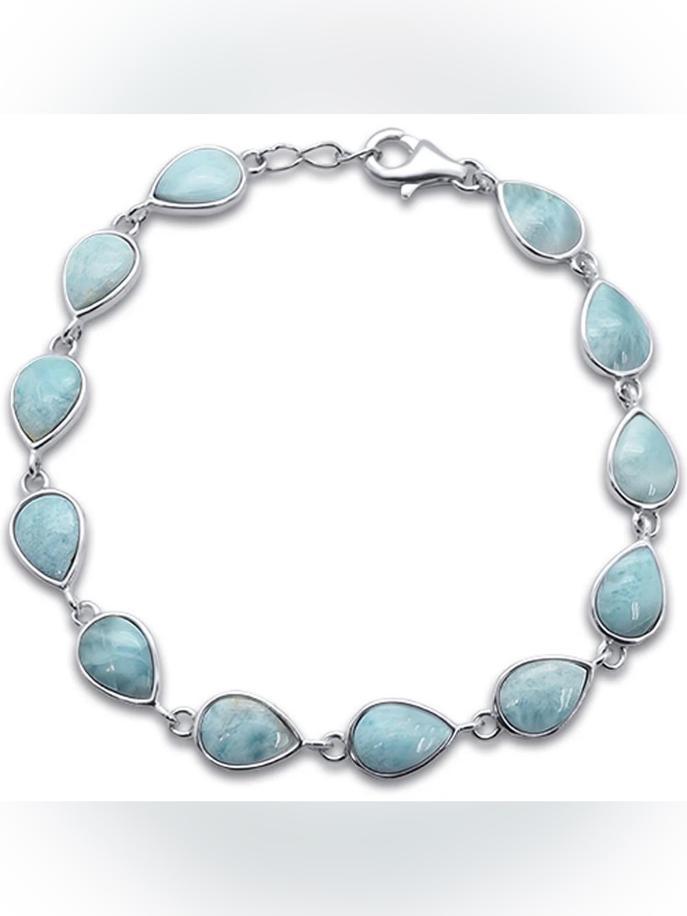 Larimar Pear Shape Sterling Silver Bracelet Blue Gemstone Boho 7.5 Inch